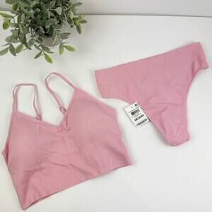 Jenni Seamless Ribbed Cropped Bralette & High Waist Thong Pink Size Large